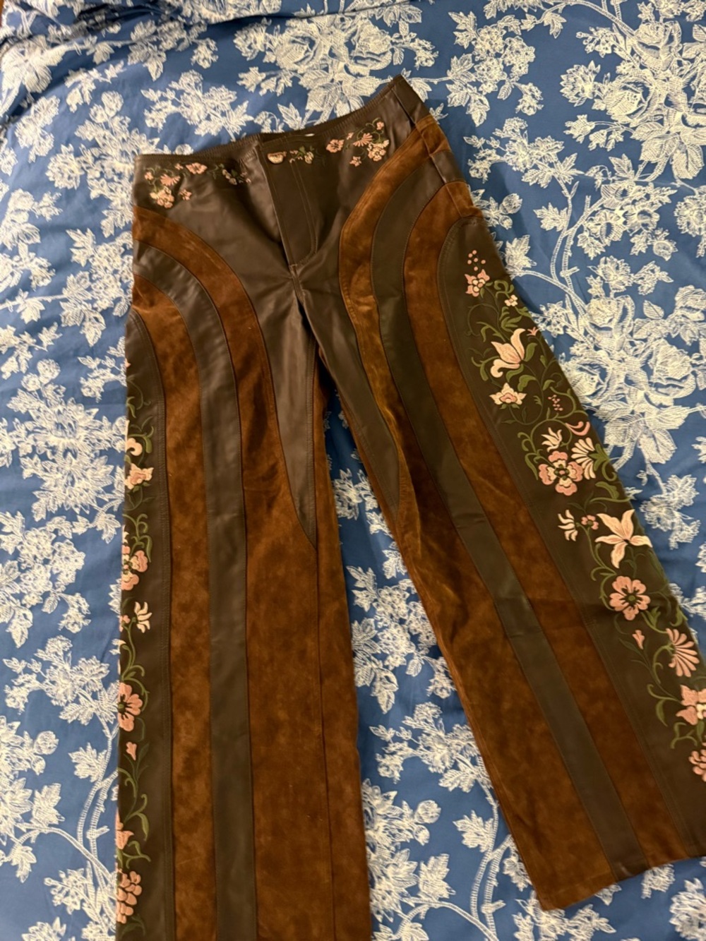 We The Free Brown Suede & Dark Brown Floral-Embroidered Wide-Leg Pants